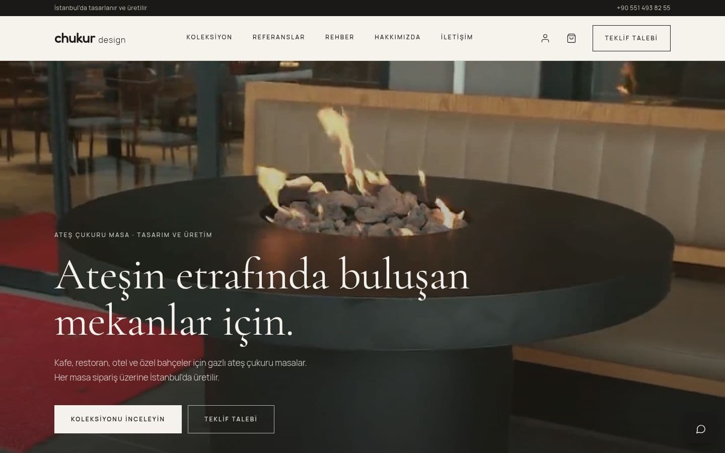 Chukur Design homepage with a fire pit table in a restaurant