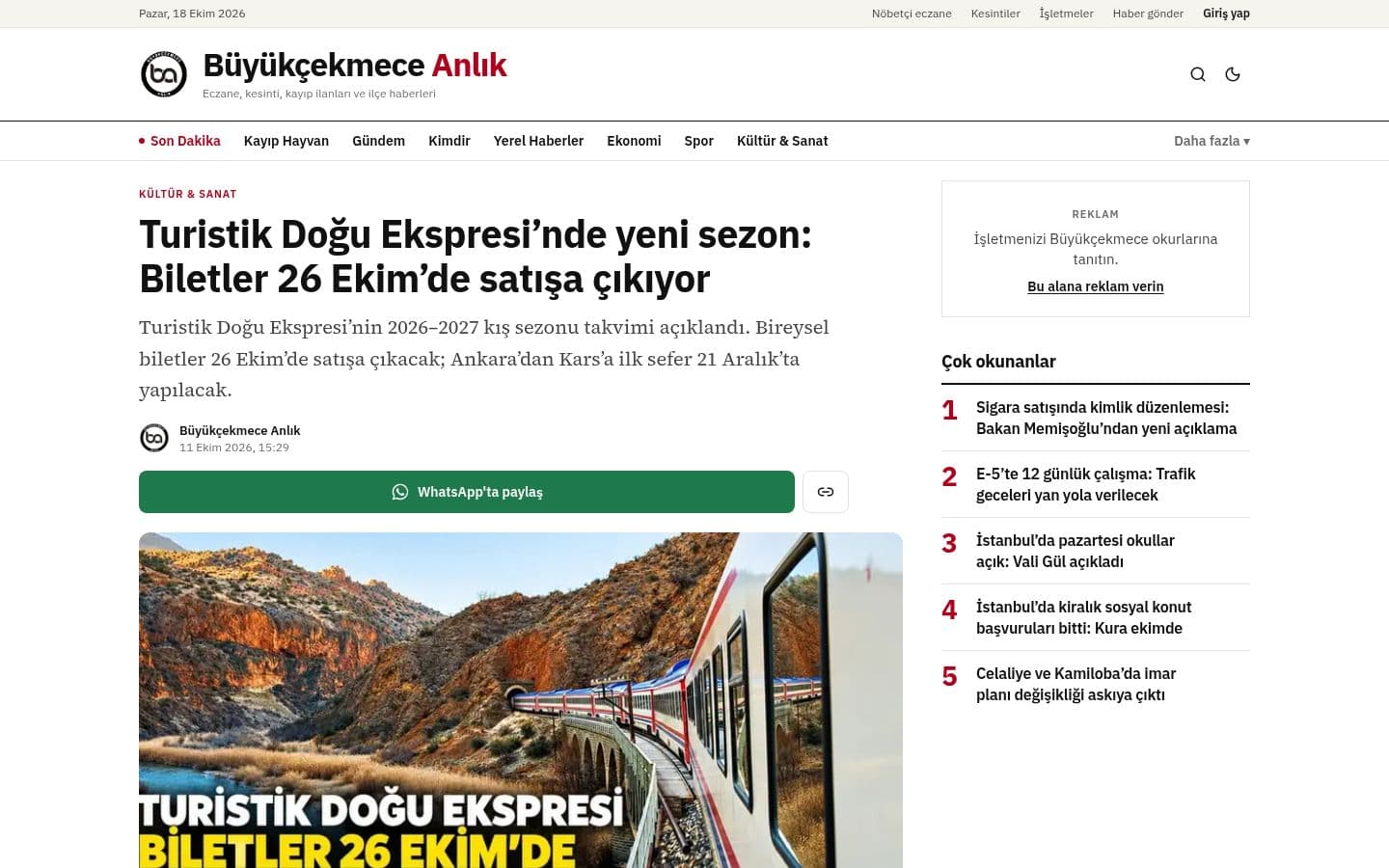 Büyükçekmece Anlık article page with headline, share buttons and related news