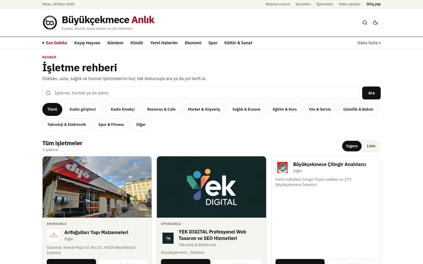 Büyükçekmece Anlık business directory with category filters and business cards