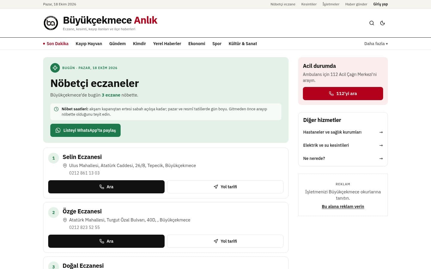 Büyükçekmece Anlık on-duty pharmacies page with call and directions buttons
