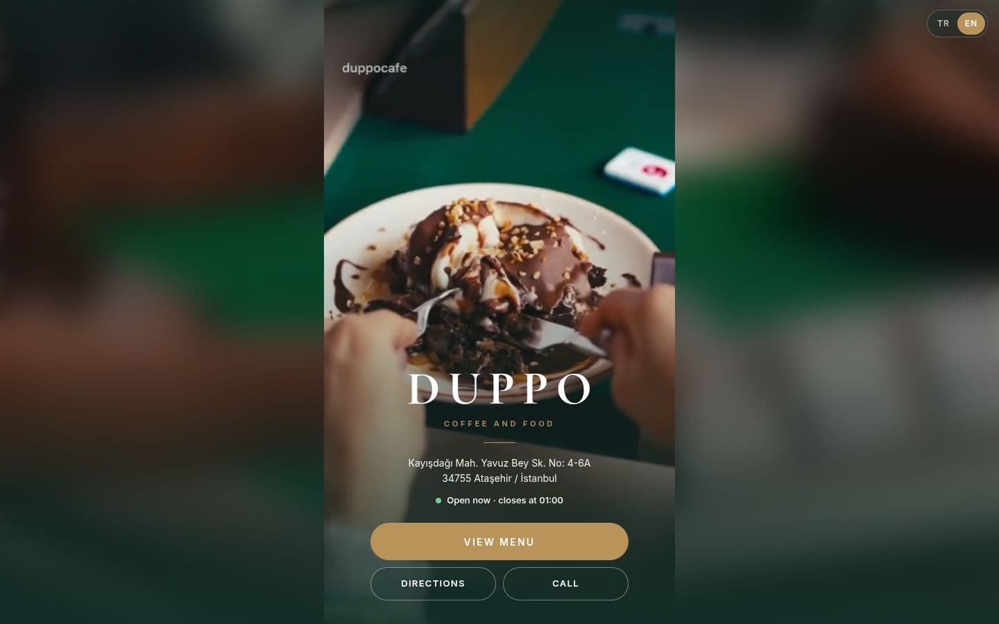 Duppo landing screen with address and open-now status