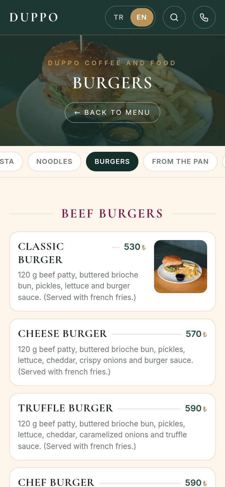 Duppo burger menu section on a phone