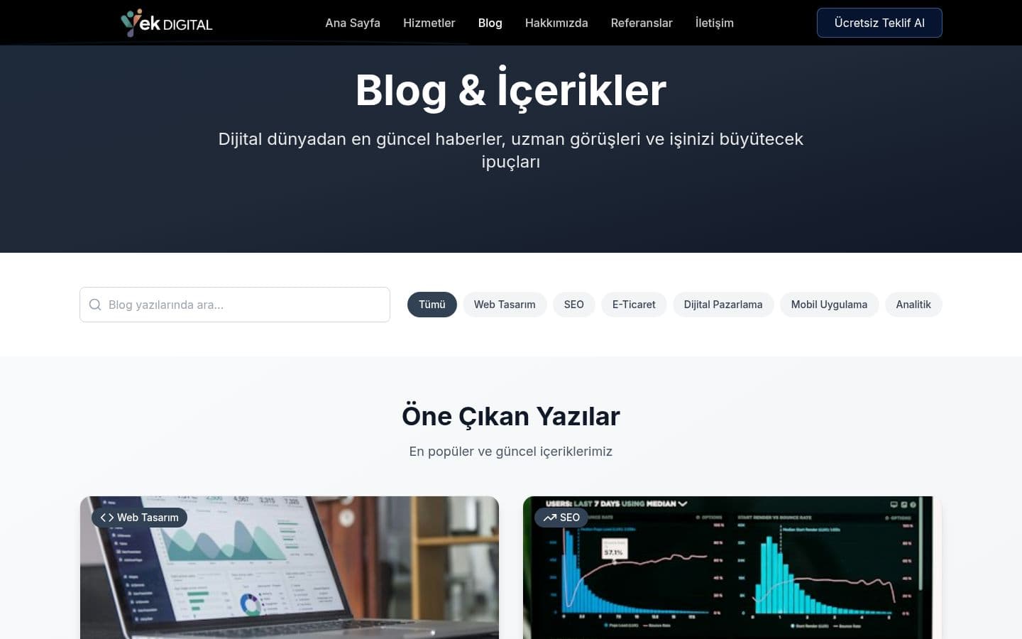 Yek Digital blog listing with search and category filters
