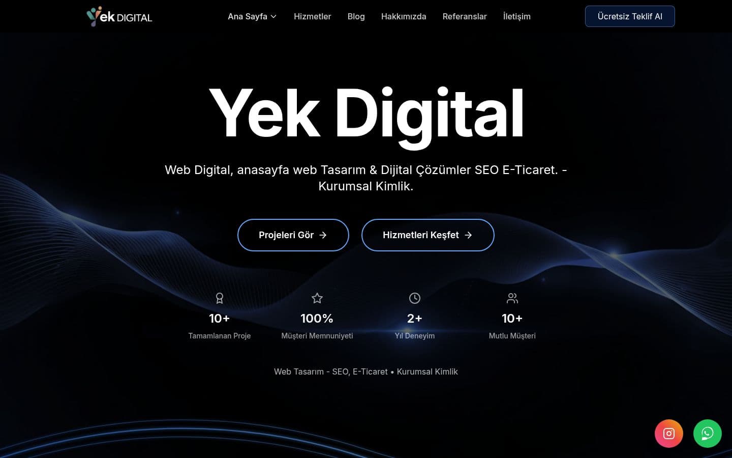 Yek Digital homepage with dark hero and calls to action
