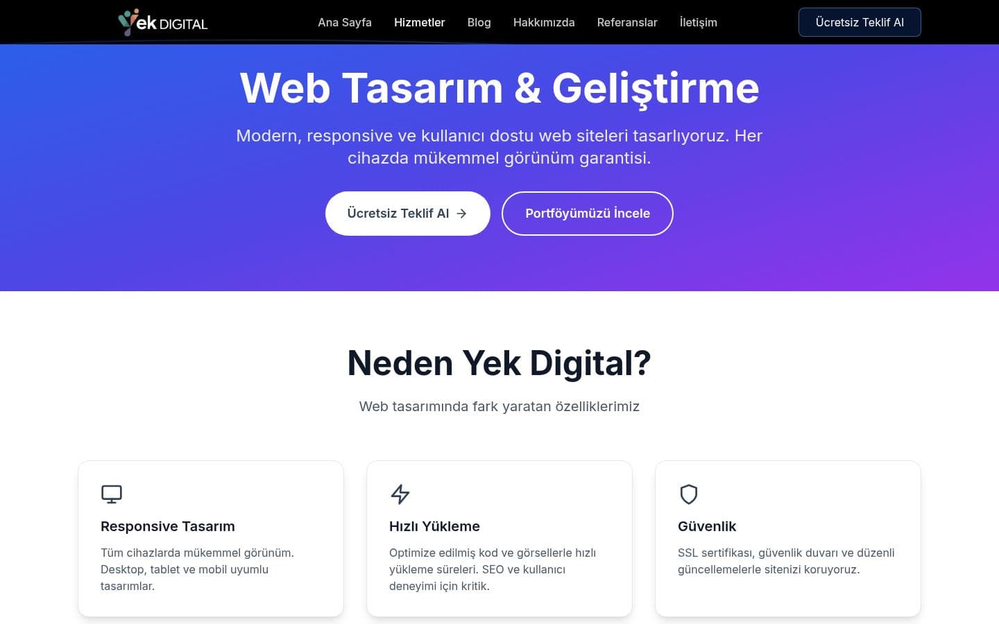Yek Digital web design service page